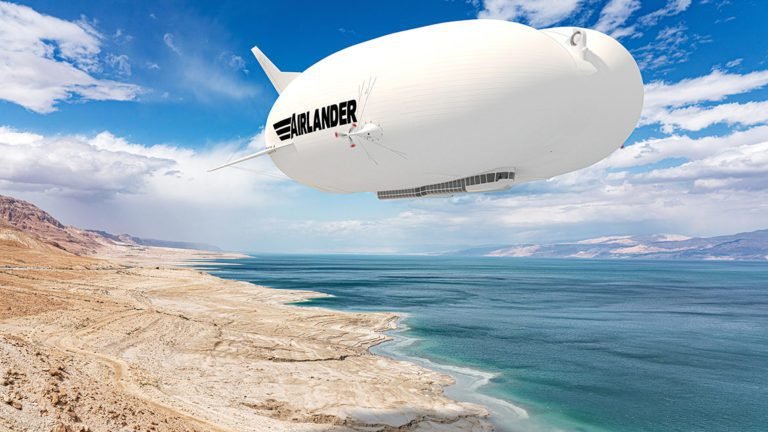 Airlander 10 flying over an island